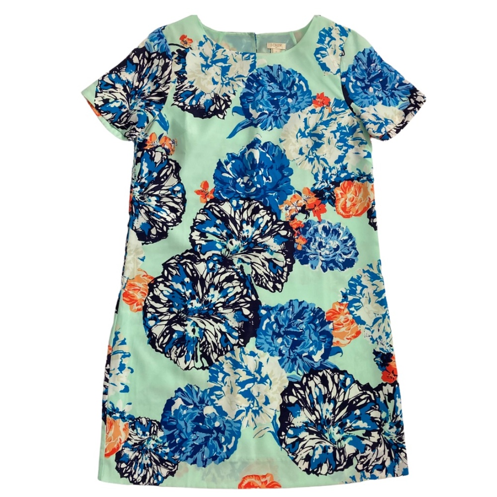 J. Crew Short-Sleeve Shift Dress Green w/Floral Prints Size 2 Women’s